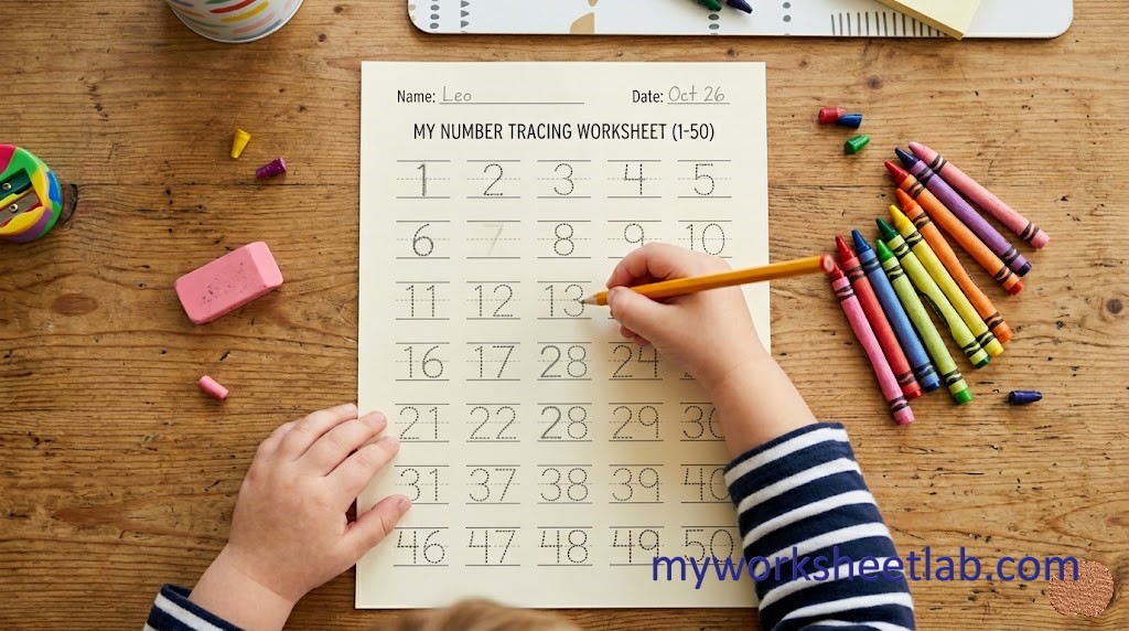 Child tracing worksheet on table – engaging kids activity from MyWorksheetLab